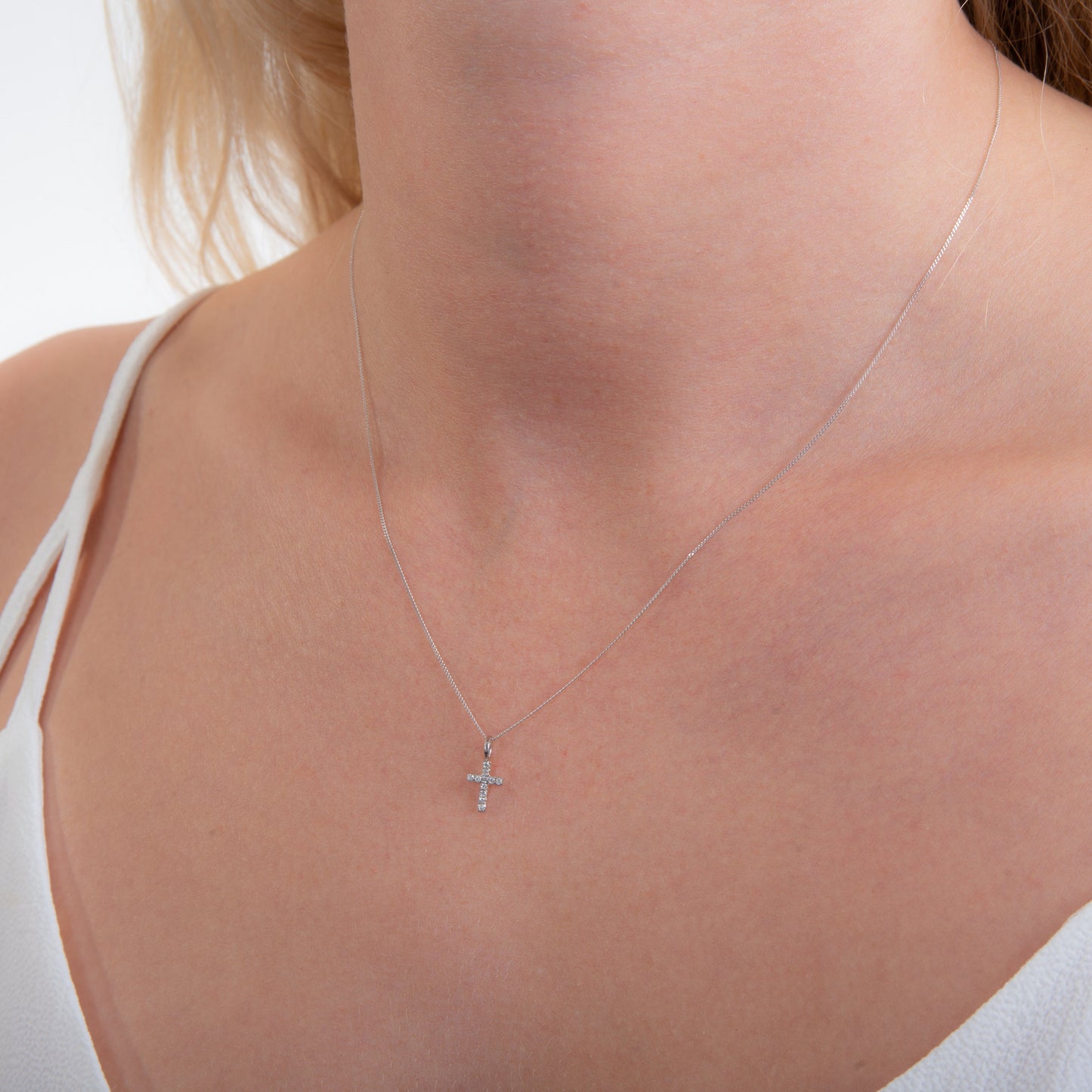 Tiny 9ct White Gold Clear CZ Cross Necklace - 16 - 20 Inches