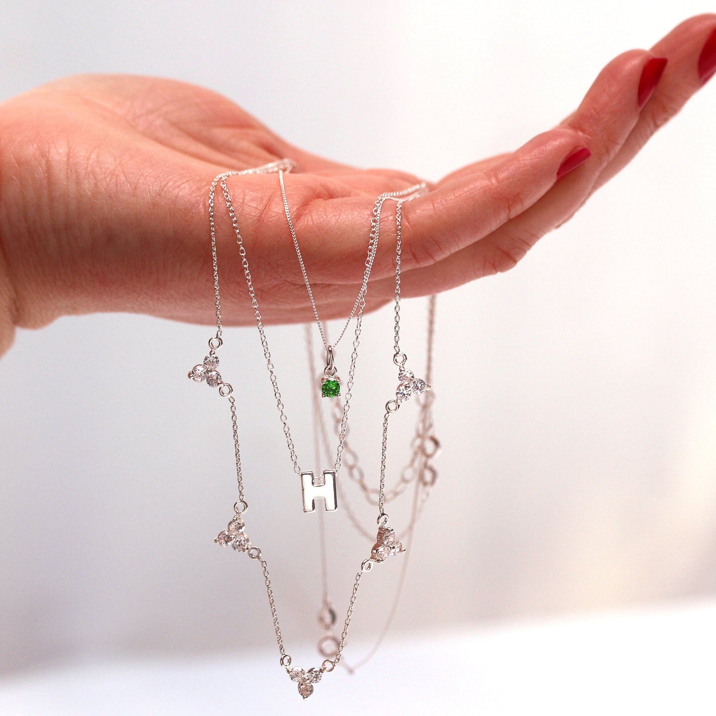 Sterling Silver Emerald CZ May Birthstone Claw Necklace - 14 - 32 Inches