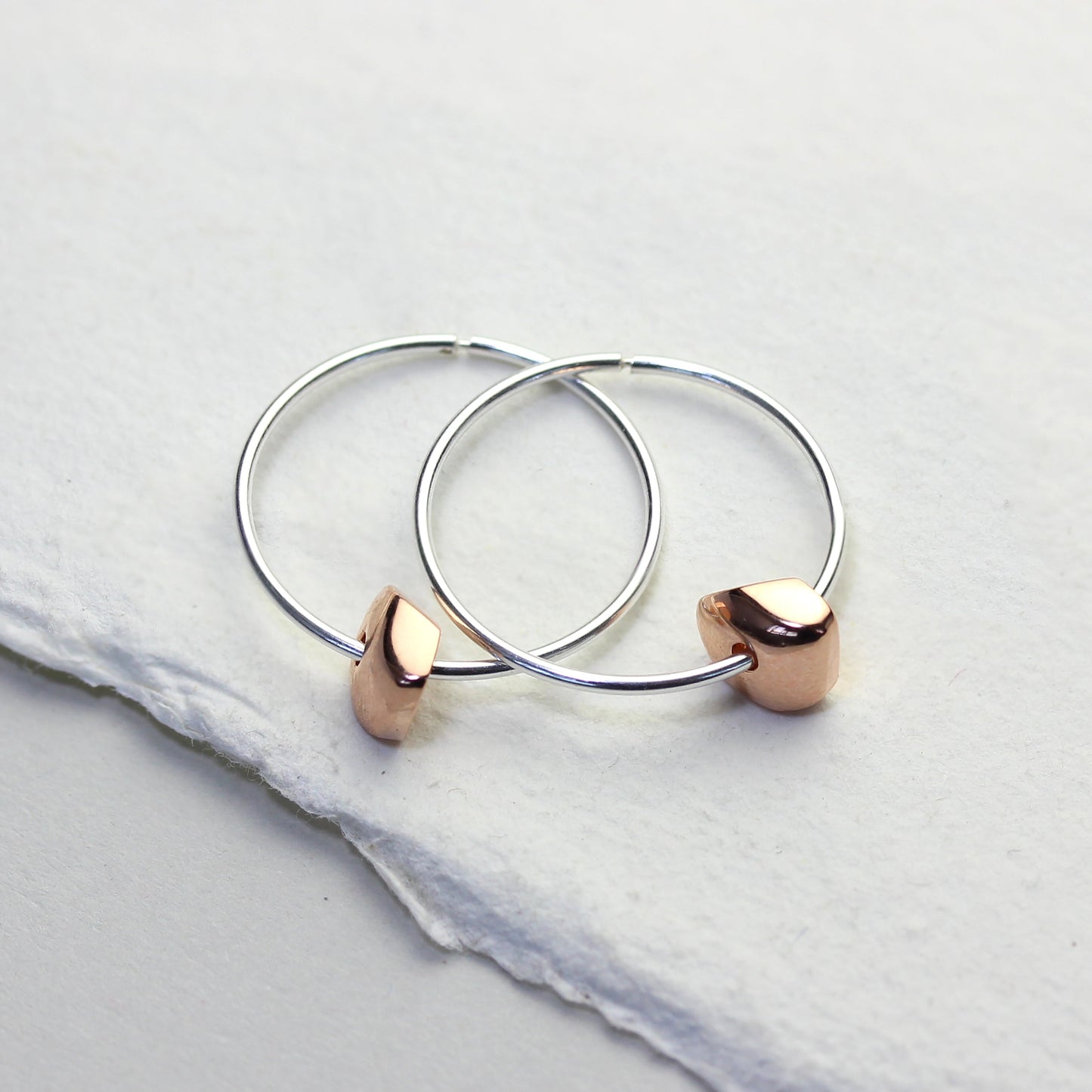 Sterling Silver 14mm Hoop Earrings with Rose Gold Plated Nugget Bead Charms