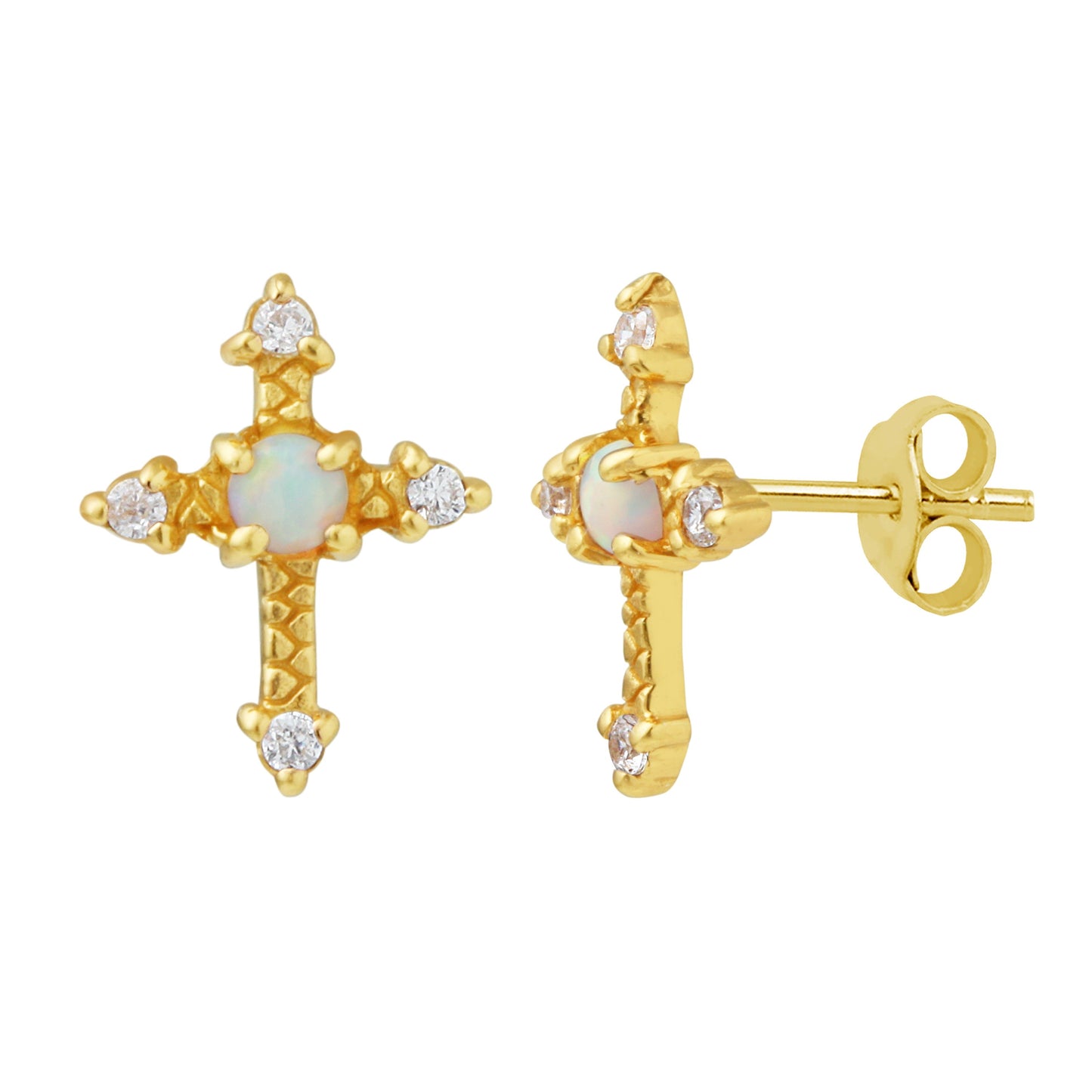Gold Plated Sterling Silver Cross CZ Faux Opal Stud Earrings