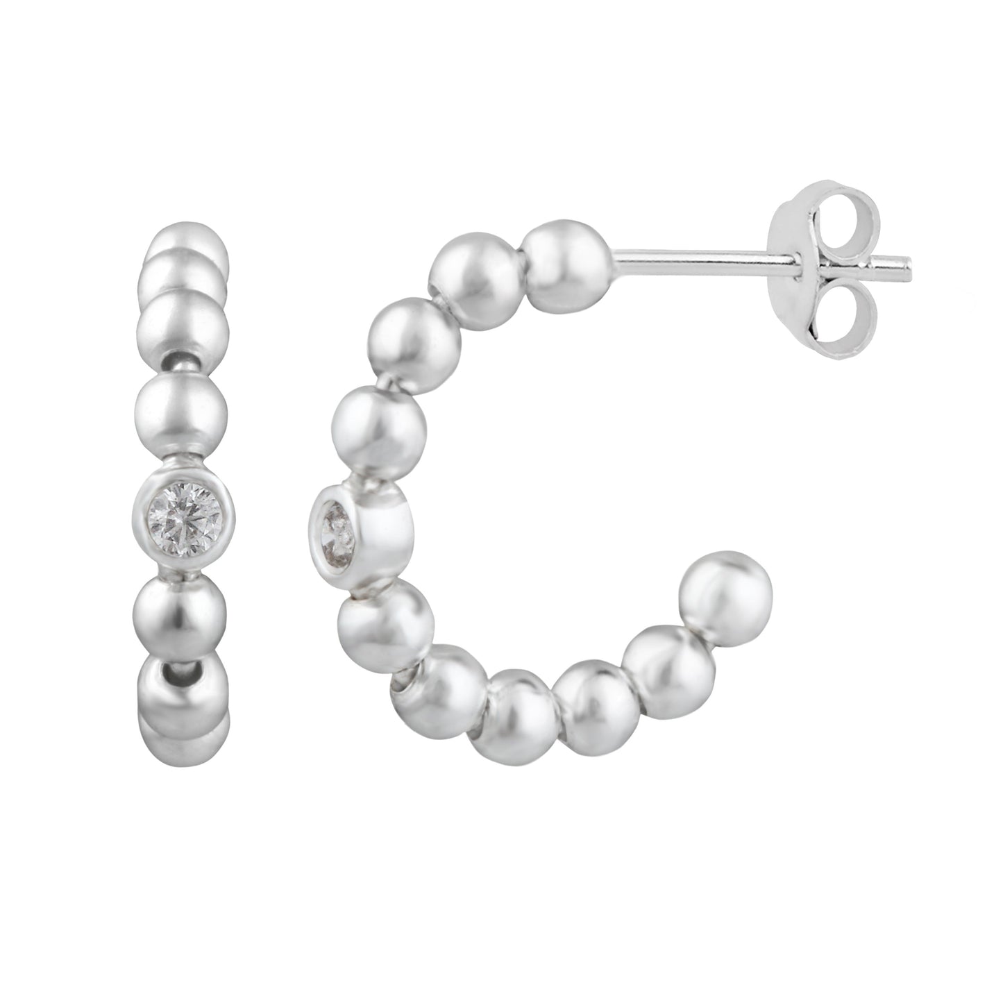 Sterling Silver Clear CZ Beaded Open Hoop Stud Earrings