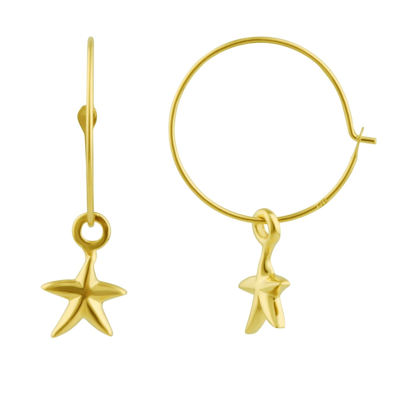 Gold Plated Sterling Silver 16mm Starfish Charm Hoop Earrings
