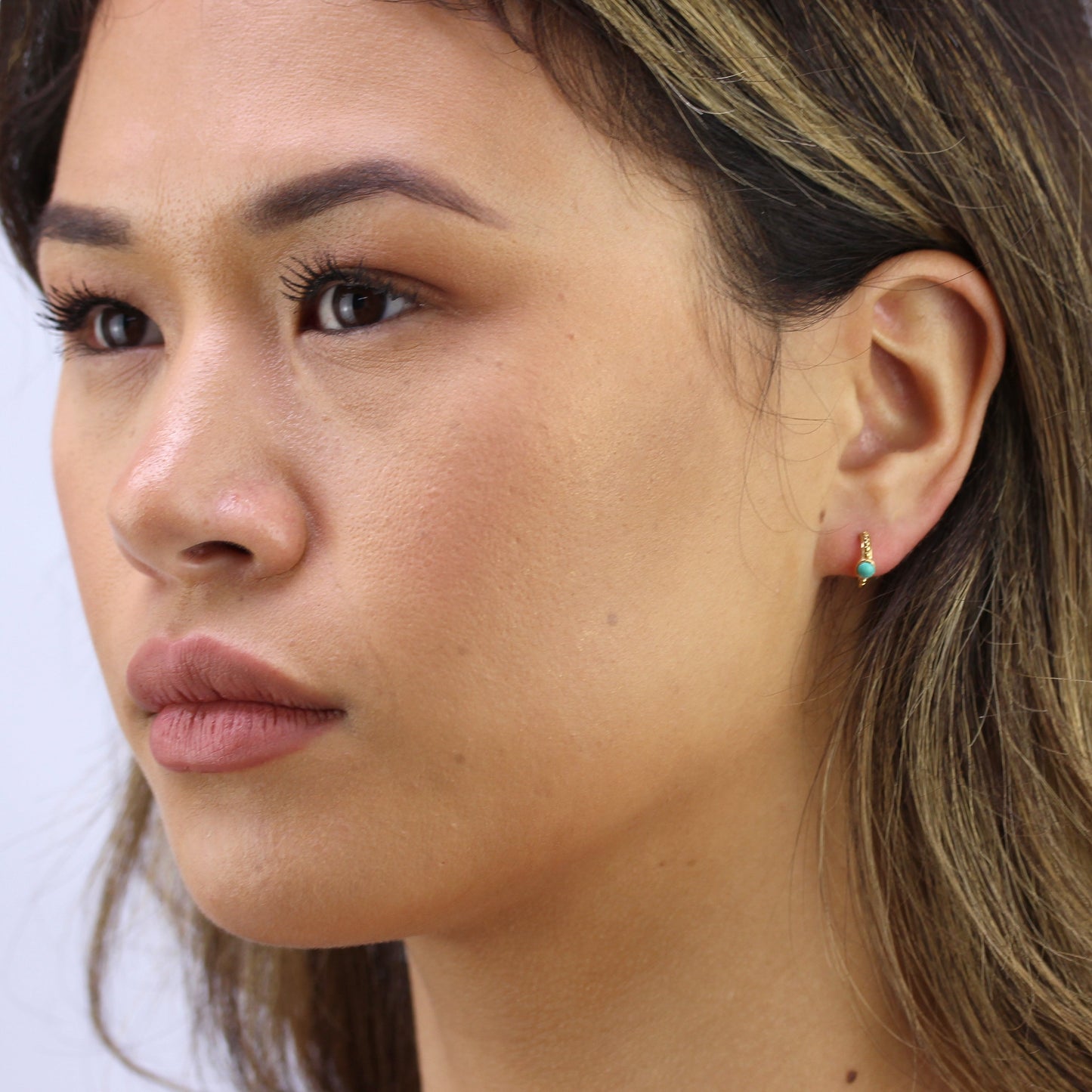 Gold Plated Sterling Silver Faux Turquoise Beaded Hoop Stud Earrings