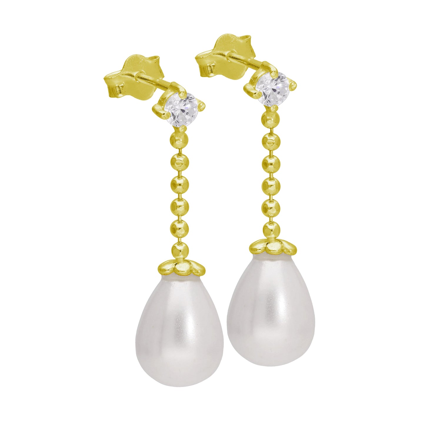 Gold Plated Sterling Silver CZ Teardrop Pearl Drop Stud Earrings