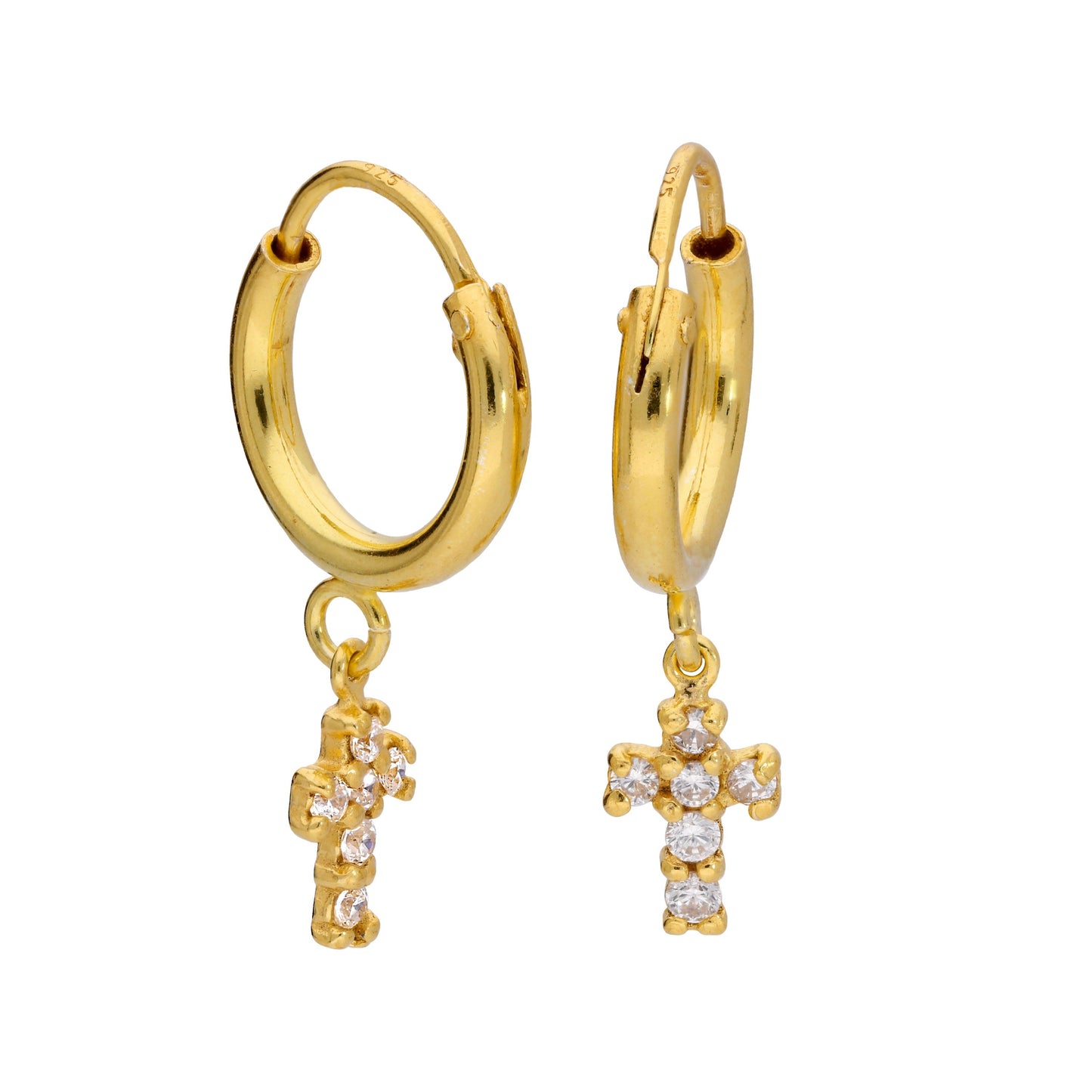 Gold Plated Sterling Silver 12mm Hoop Earrings & CZ Cross