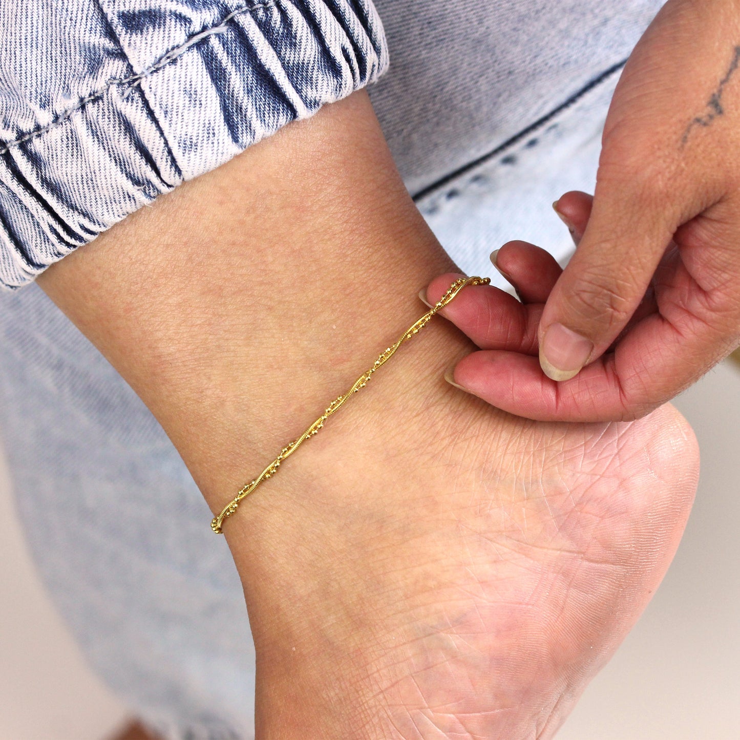 Gold Plated Sterling Silver Snake & Bead Twisted Chain Anklet