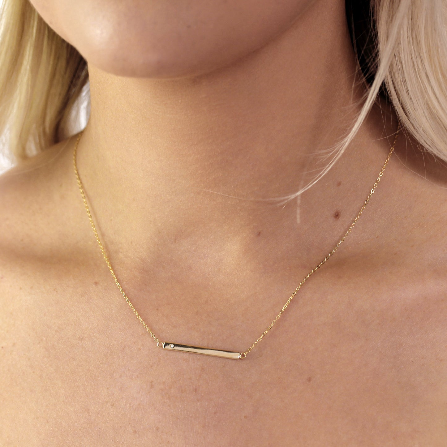 Yellow Gold Plated Sterling Silver CZ Engravable Bar Necklace 18 Inch