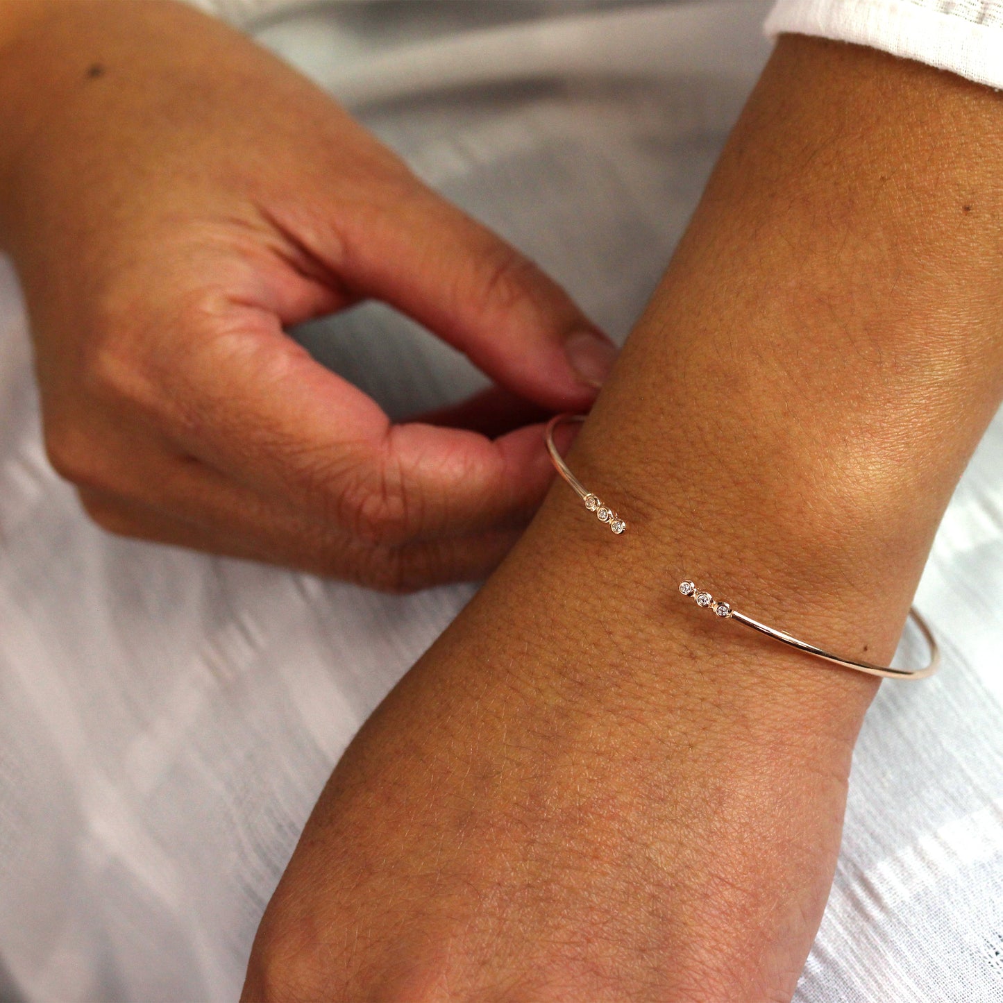 Rose Gold Plated Sterling Silver Tiny Round CZ Cuff Bangle