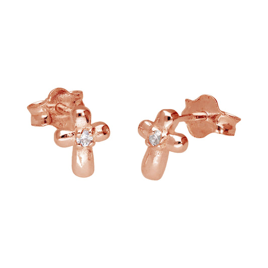 Rose Gold Plated Sterling Silver Tiny Cross CZ Stud Earrings