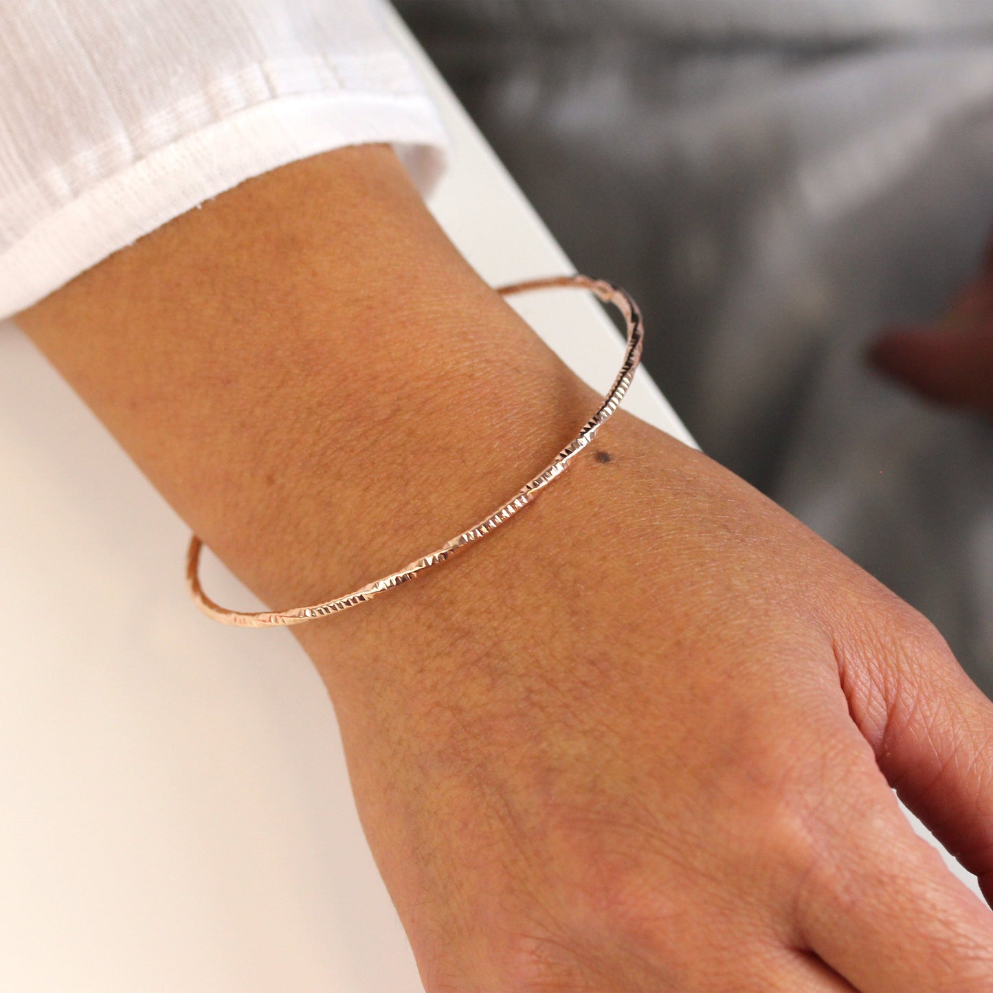 Rose Gold Plated Sterling Silver Diamond Cut Twist Bangle