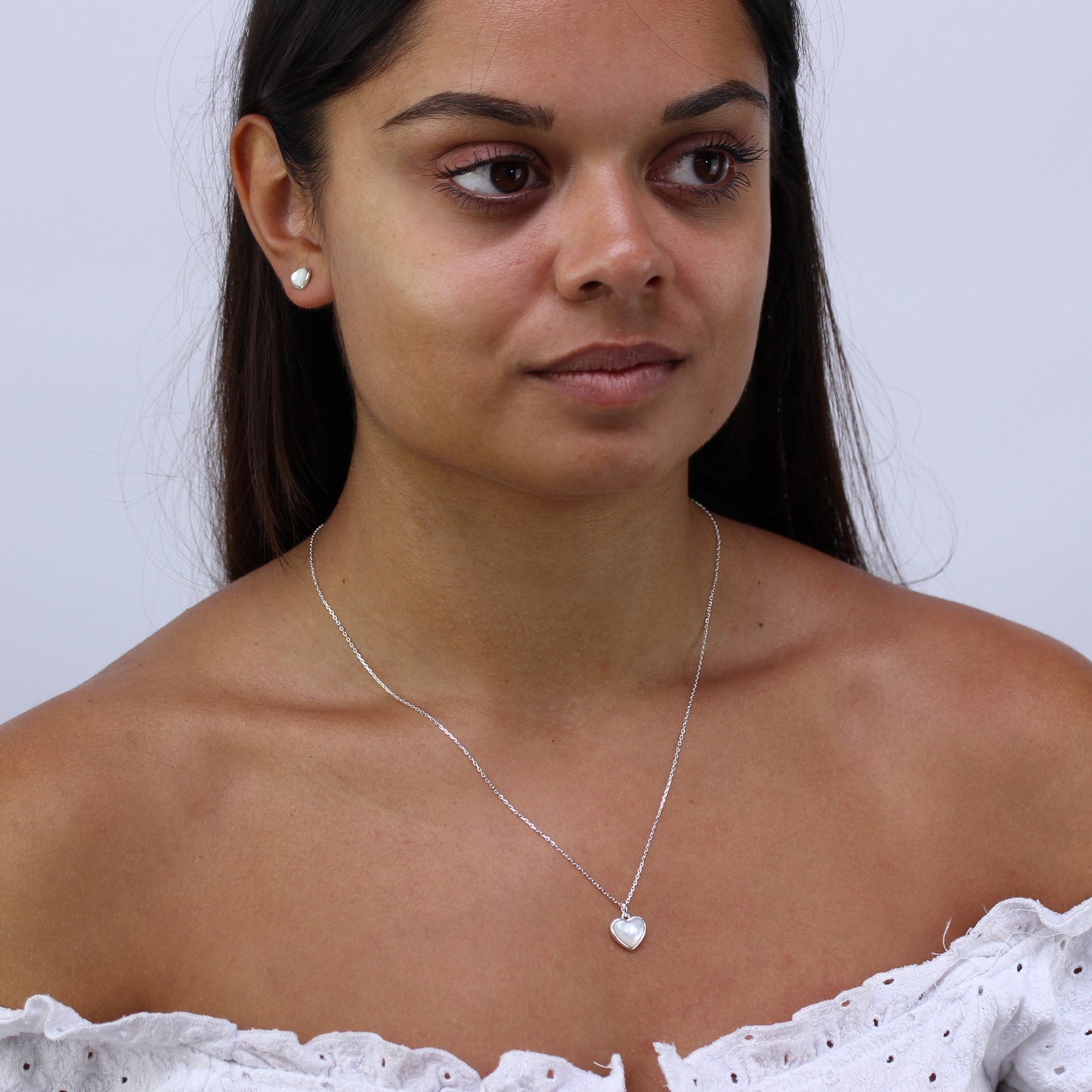 Sterling Silver Mother of Pearl Heart Necklace 18 Inch