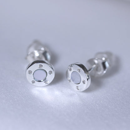Sterling Silver Round Mother of Pearl & CZ Stud Earrings