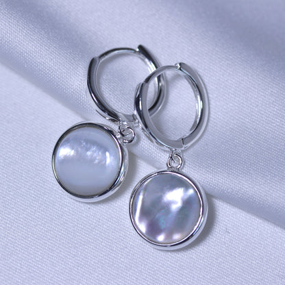 Sterling Silver Round Mother of Pearl Charm Hoops Earrings