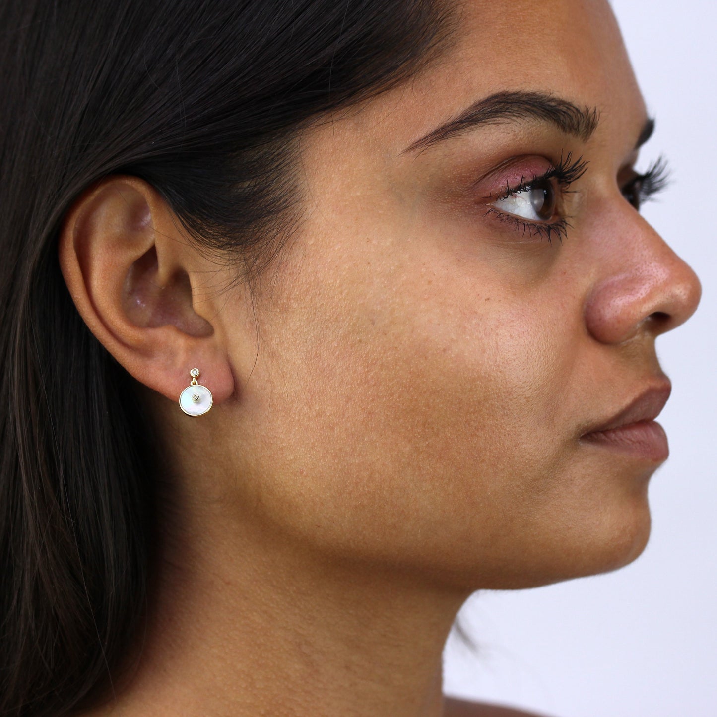 Gold Plated Sterling Silver Mother of Pearl & CZ Round Stud Earrings