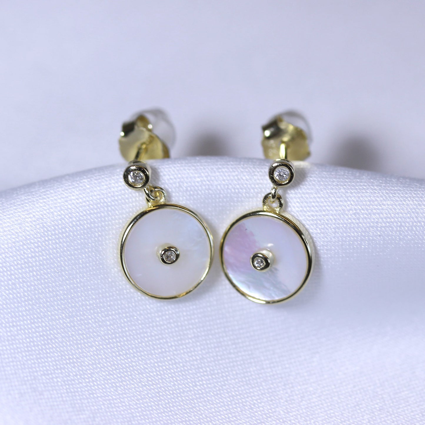 Gold Plated Sterling Silver Mother of Pearl & CZ Round Stud Earrings
