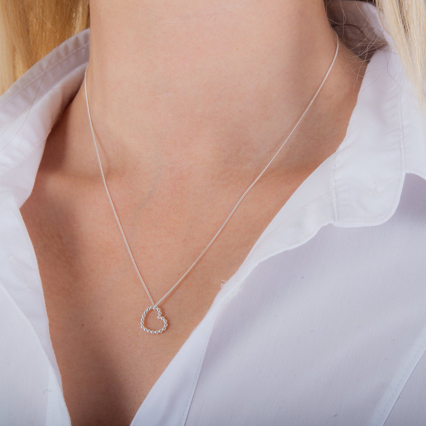 Sterling Silver Beaded Open Heart Necklace 14 - 32 Inches