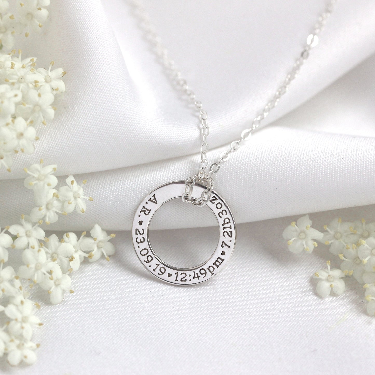 Bespoke Sterling Silver New Baby Circle Necklace 16-28 Inches