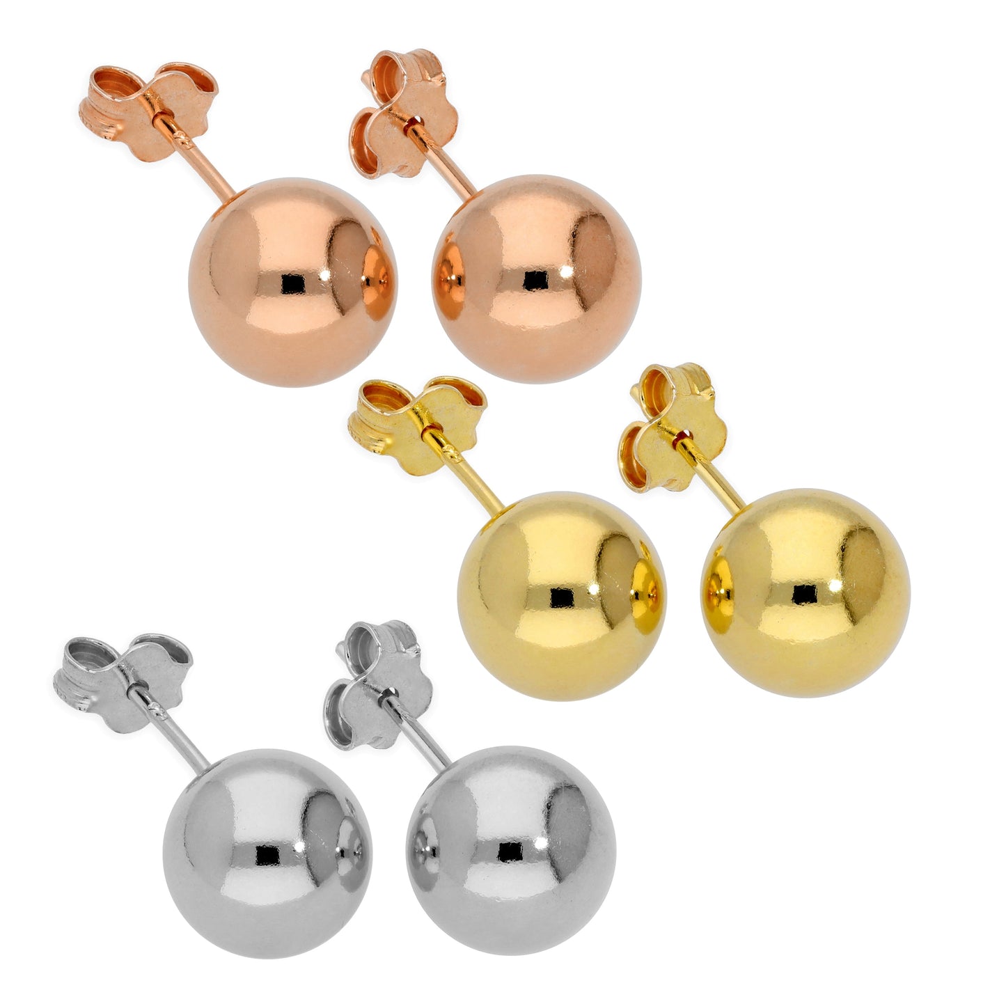 Triple Mixed Colour Gold Plated Sterling Silver 8mm Ball Stud Earrings Set