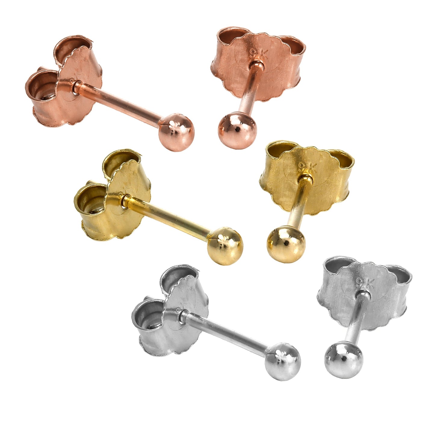 9ct Yellow Rose & White Gold 2mm Ball Stud Earrings Set