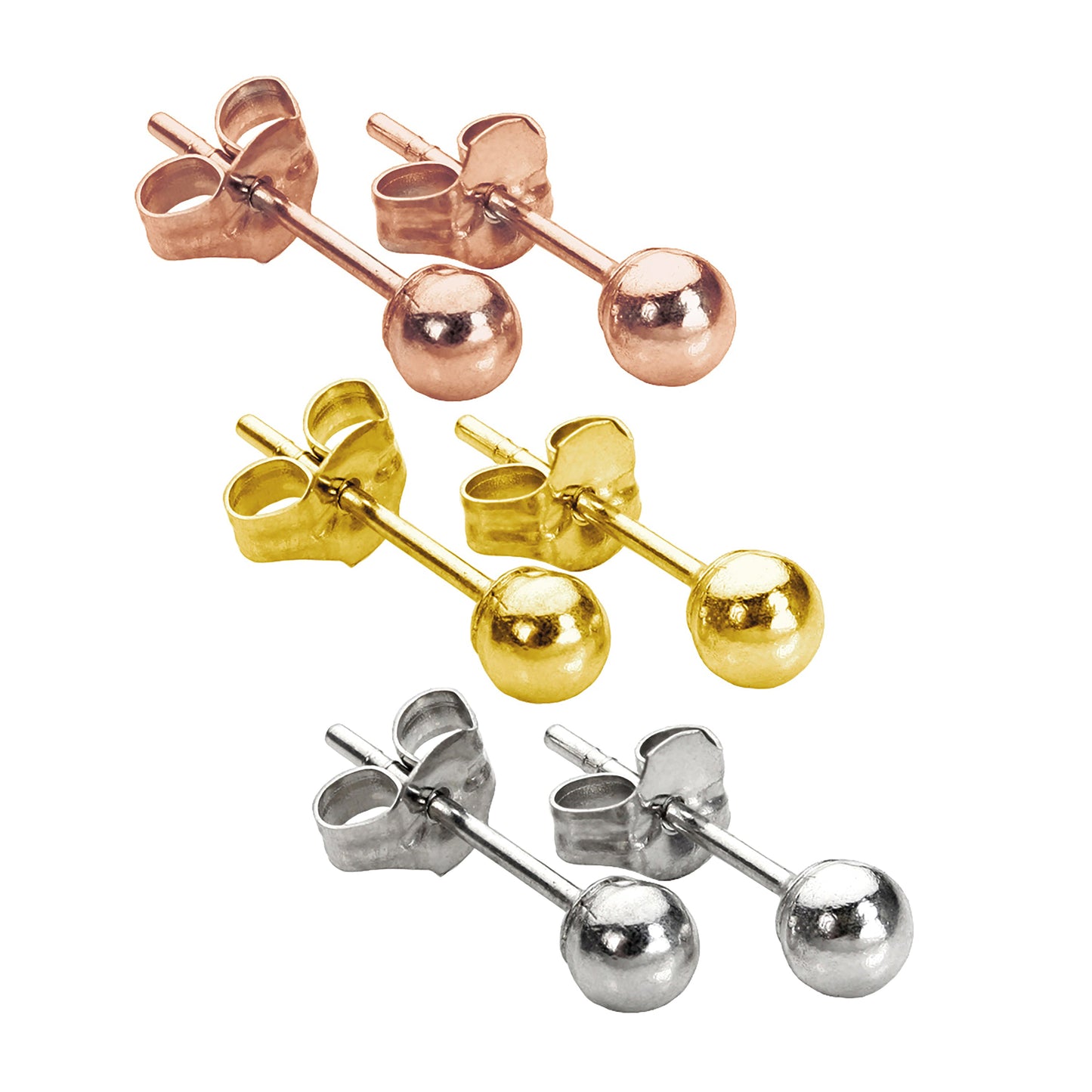 Triple Mixed 9ct Yellow Rose & White Gold 3mm Ball Stud Earrings Set