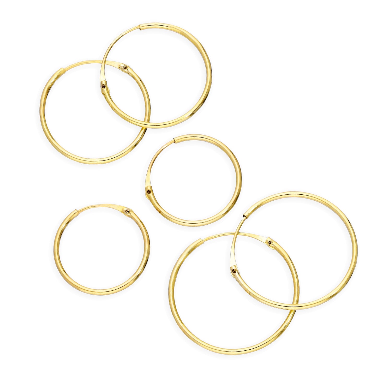 Triple 9ct Gold 0.8mm 12 14 & 16mm Tube Hoop Earrings Set