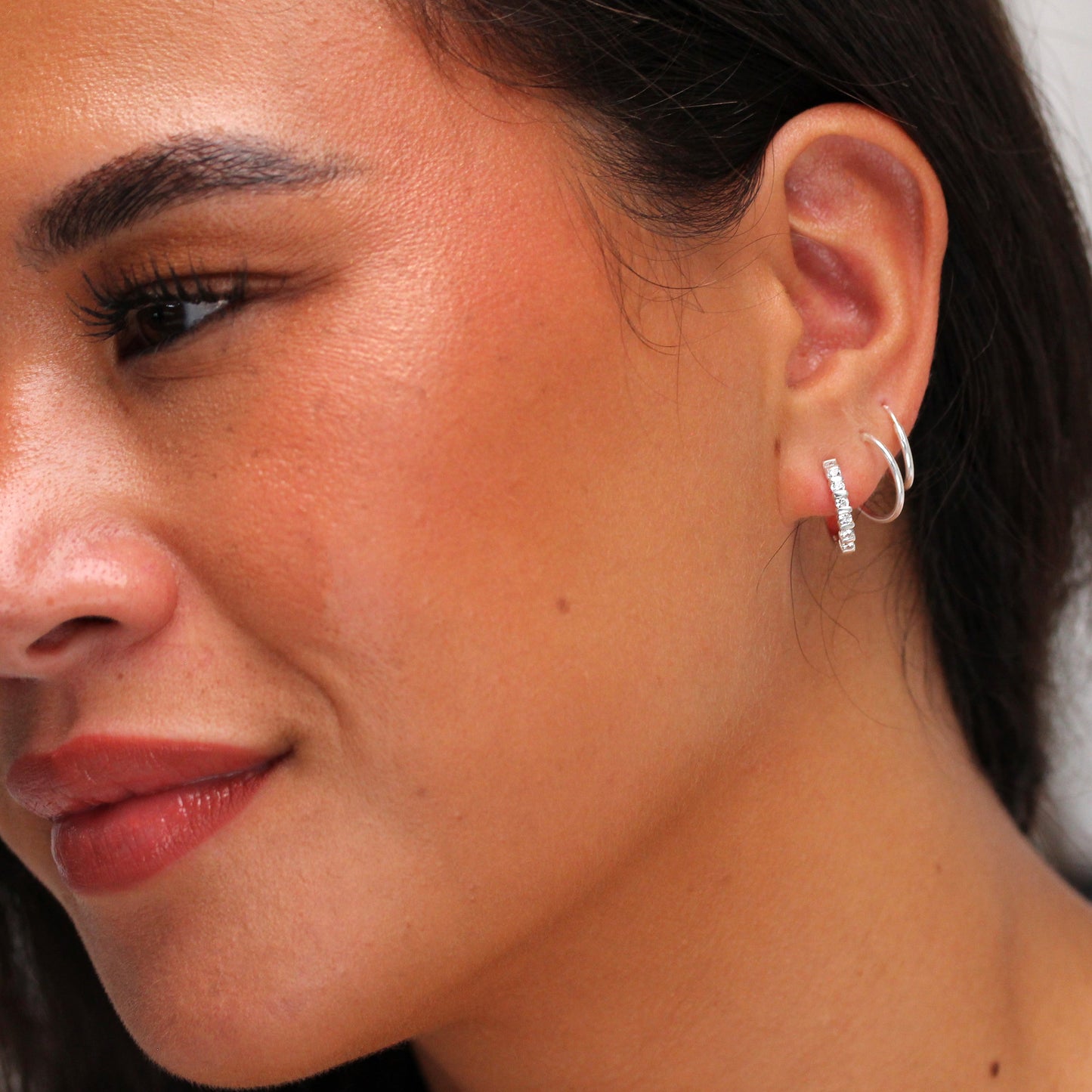 Sterling Silver CZ Bar Set Huggie 15mm Hoop Earrings