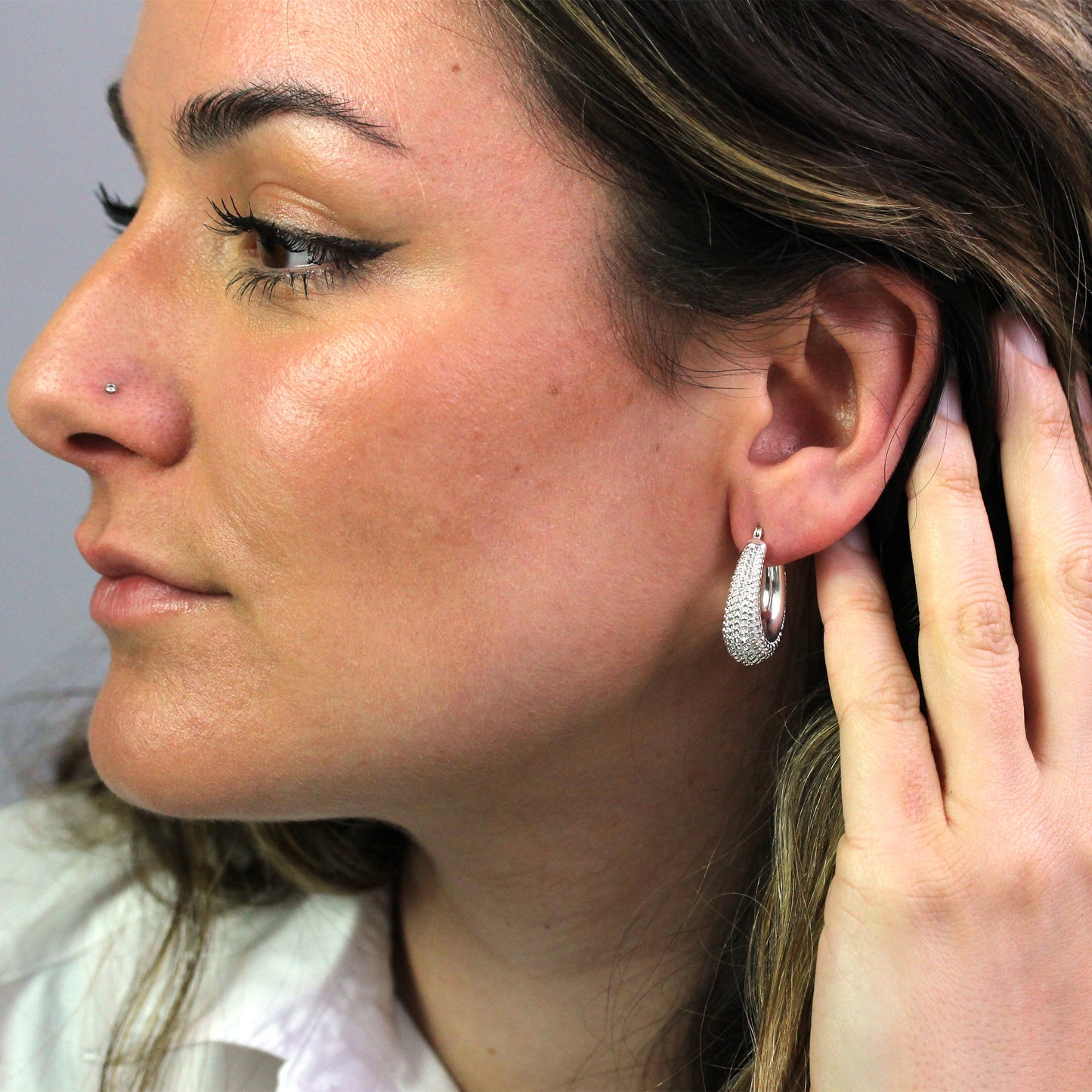 Sterling Silver Hollow Beaded Chunky Oval Hoop Earrings