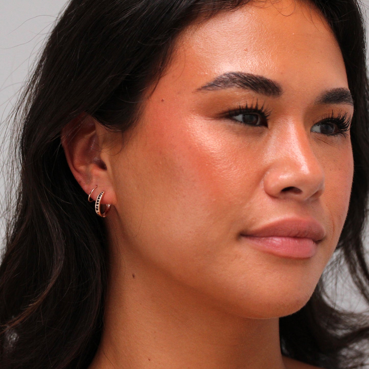 Rose Gold Plated Sterling Silver Black CZ Huggie Earrings