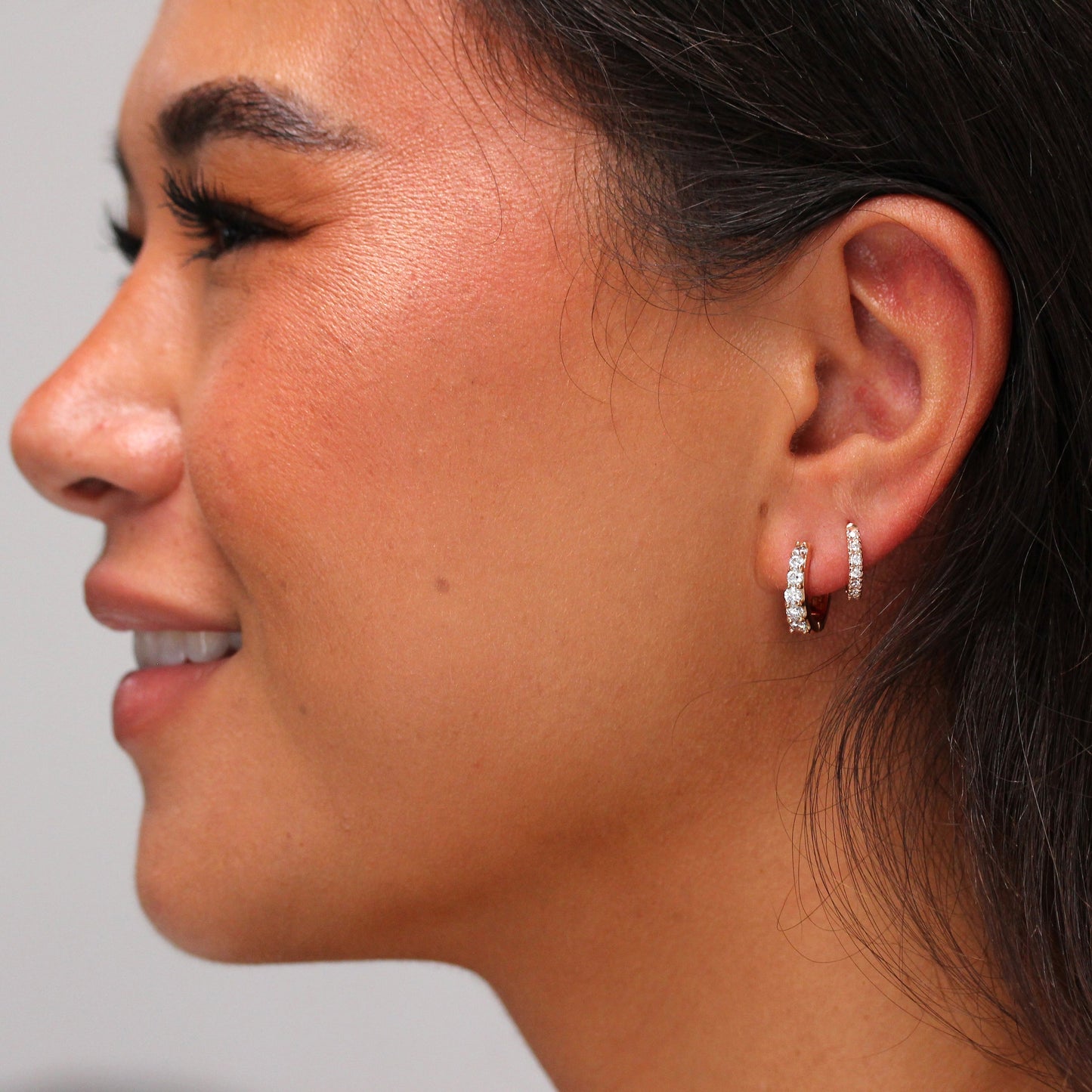 Rose Gold Plated Sterling Silver CZ Huggie 14mm Hoop Earrings