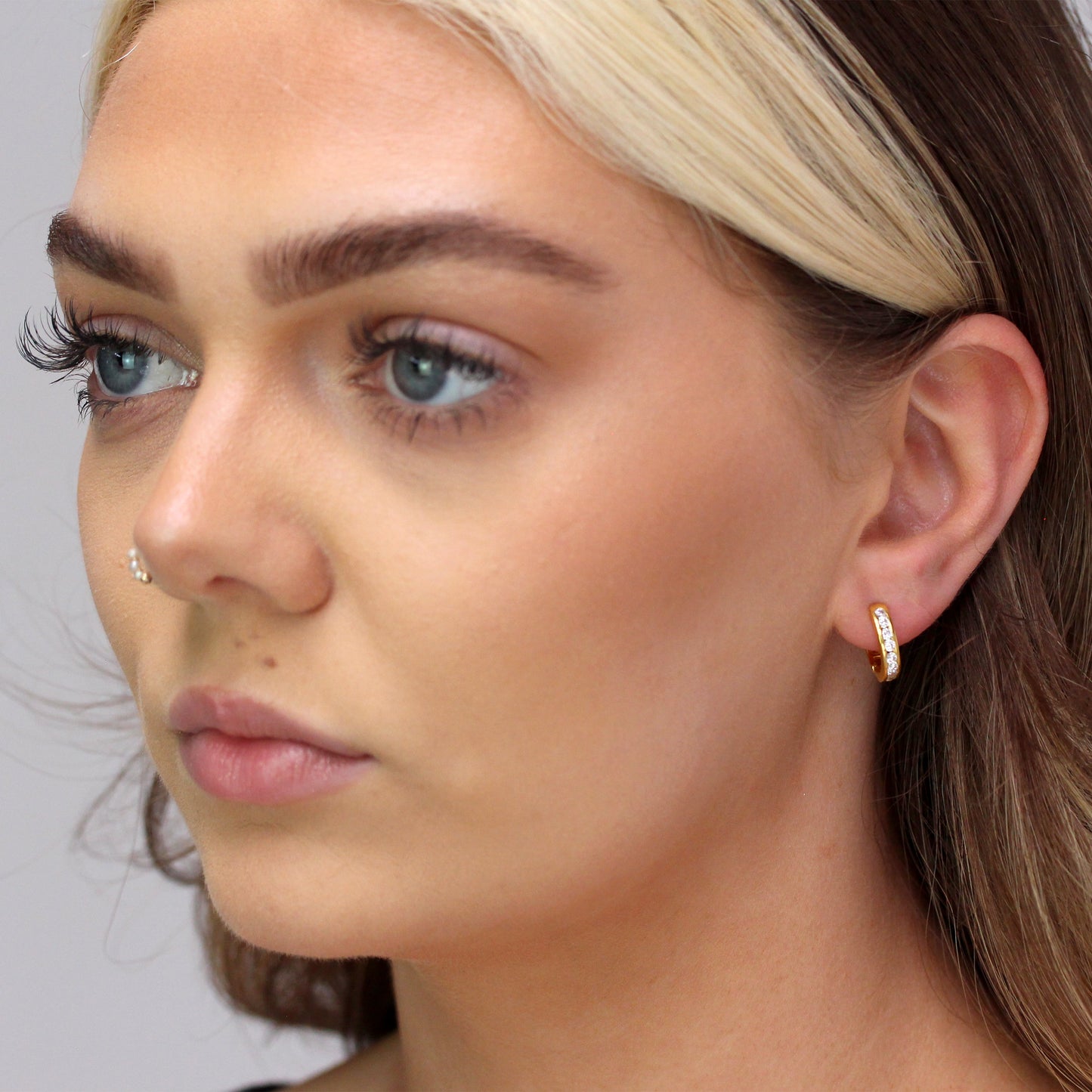 Gold Plated Sterling Silver CZ Channel Set Huggie 14mm Hoop Earrings