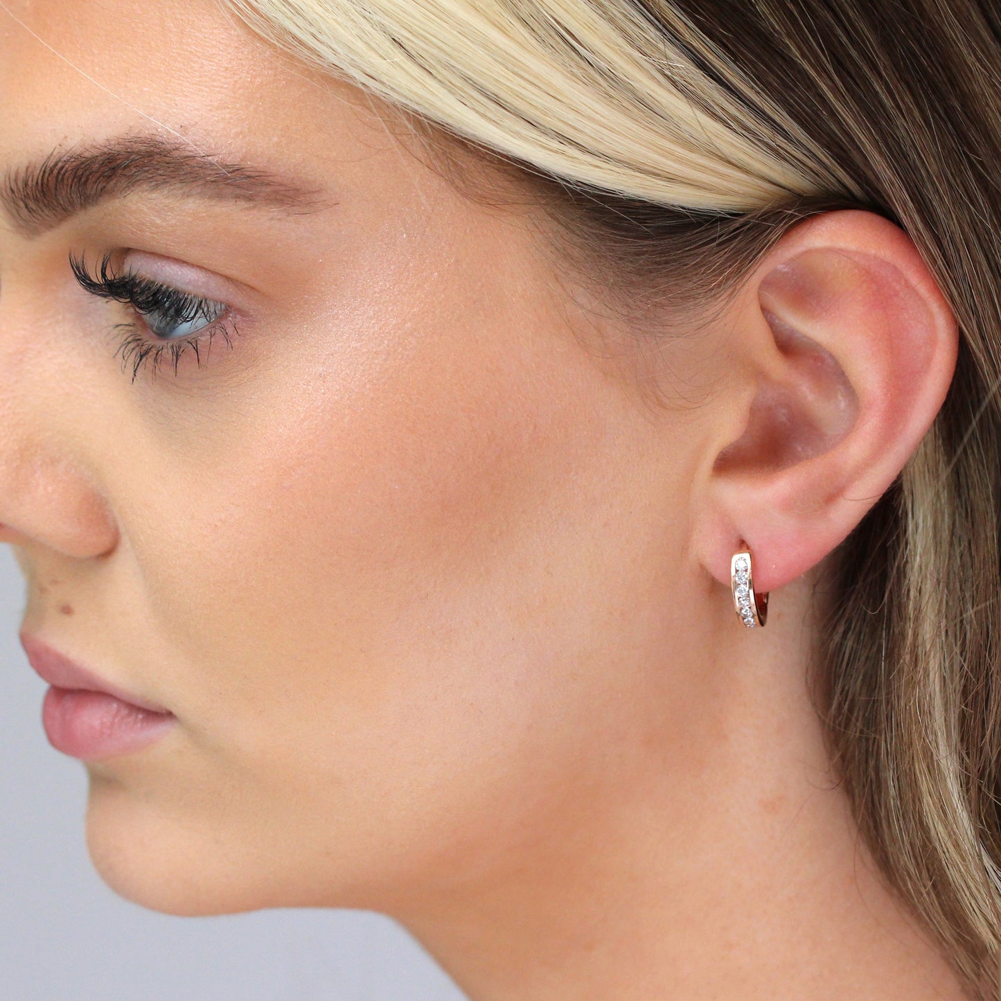 Rose Gold Plated Sterling Silver CZ Huggie 14mm Hoop Earrings