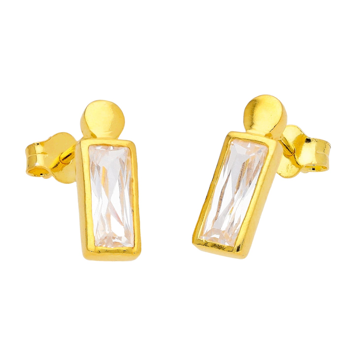 Gold Plated Sterling Silver Bobble Baguette CZ Stud Earrings