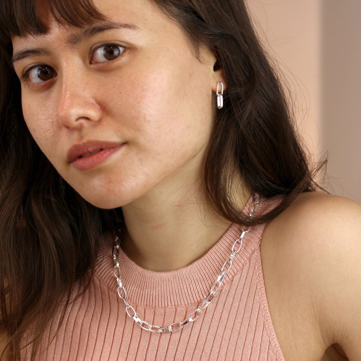 Sterling Silver Link Chain Stud Drop Earrings