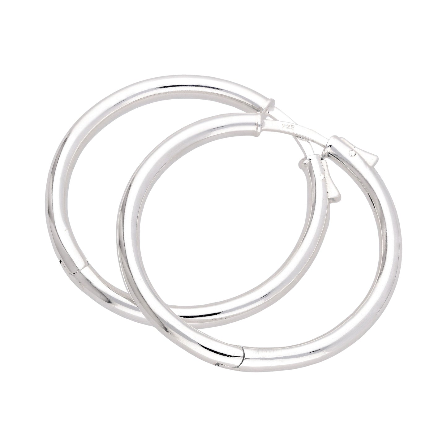 Sterling Silver Round Tube Push Button 35mm Hoop Earrings