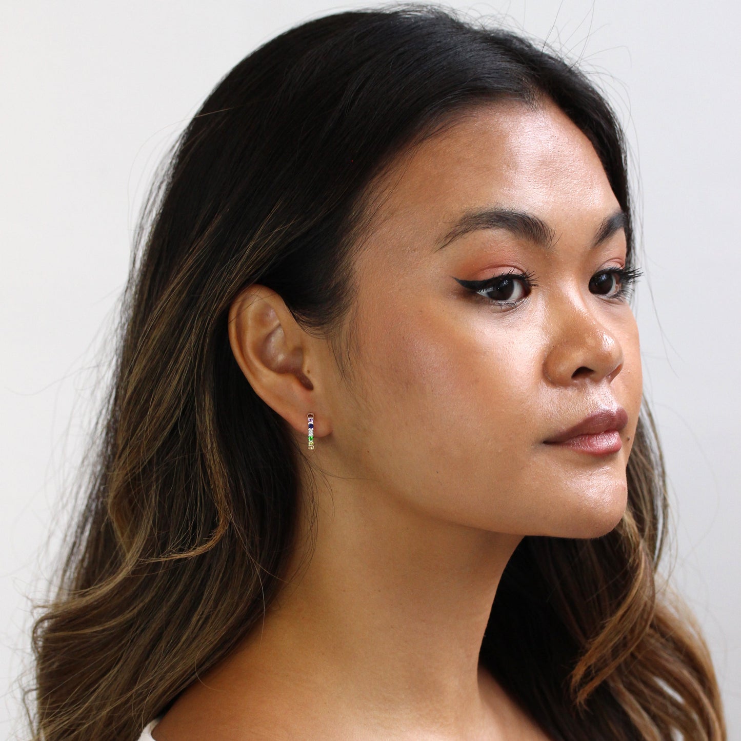 Sterling Silver Rainbow CZ Bar Set 15mm Huggie Hoop Earrings