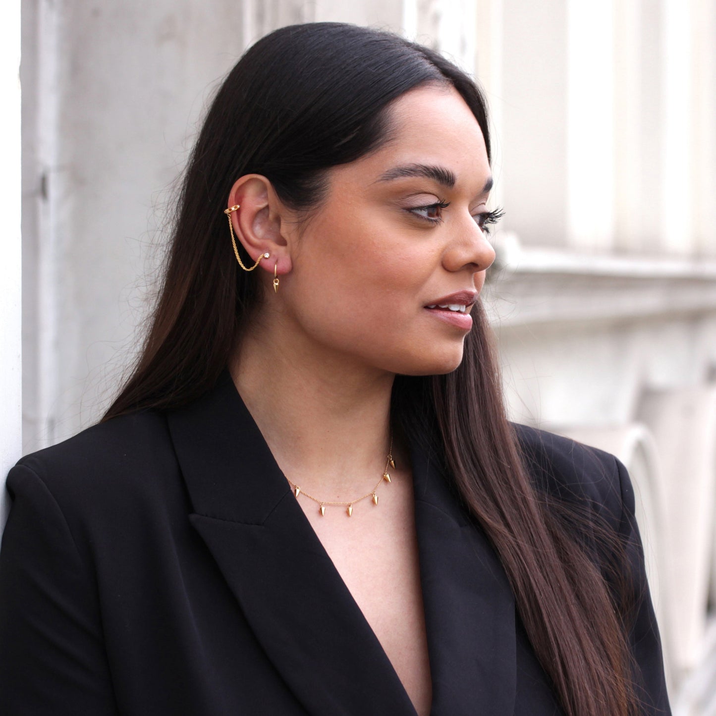 Gold Plated Sterling Silver Double Chain CZ Ear Cuff Stud Earring