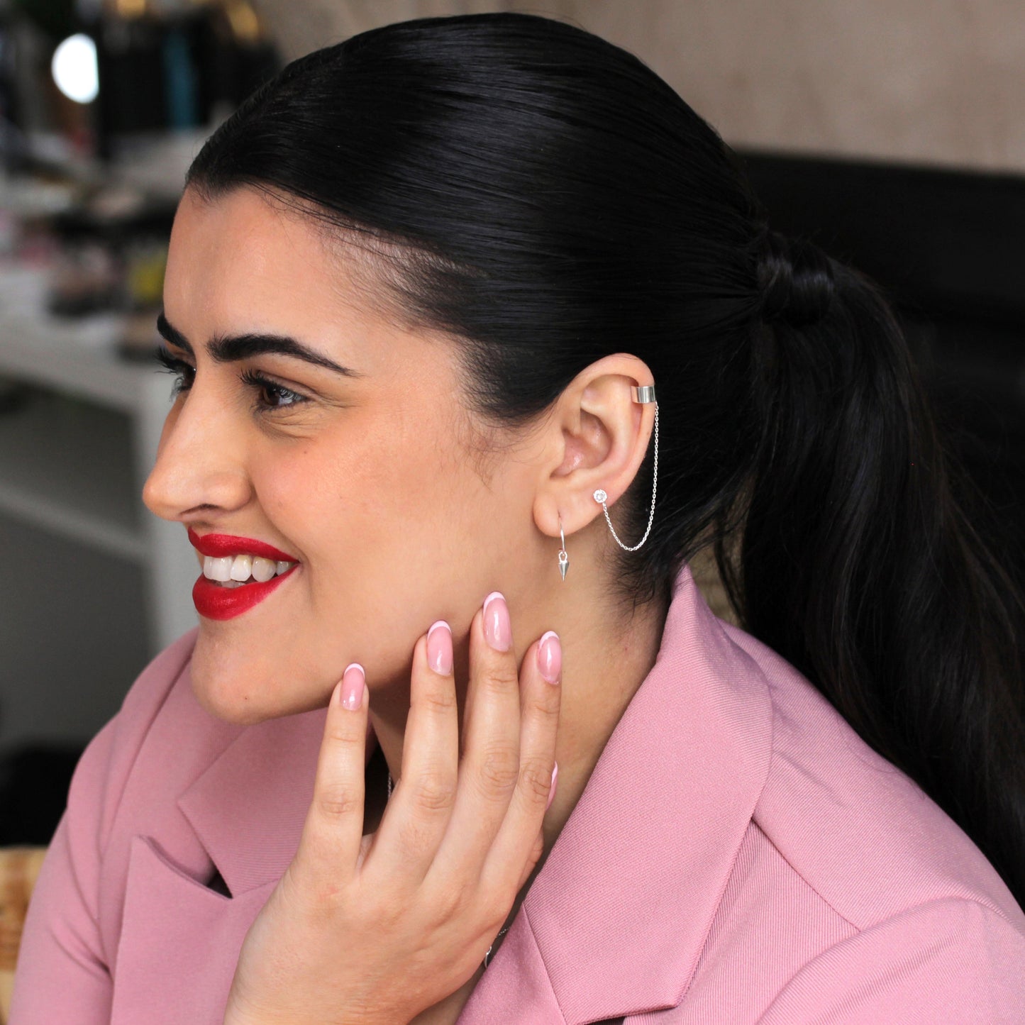 Sterling Silver Ear Cuff CZ Stud Chain Earring