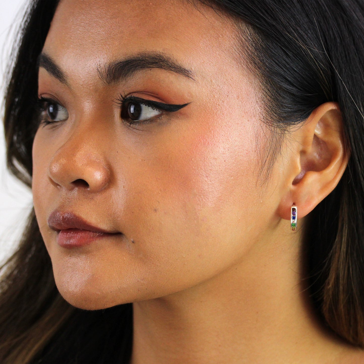 Sterling Silver Rainbow CZ 14mm Hinged Huggie Hoop Earrings