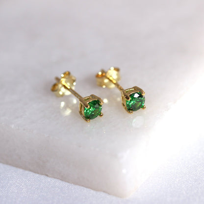 Gold Plated Sterling Silver Emerald CZ May 4mm Stud Earrings - jewellerybox