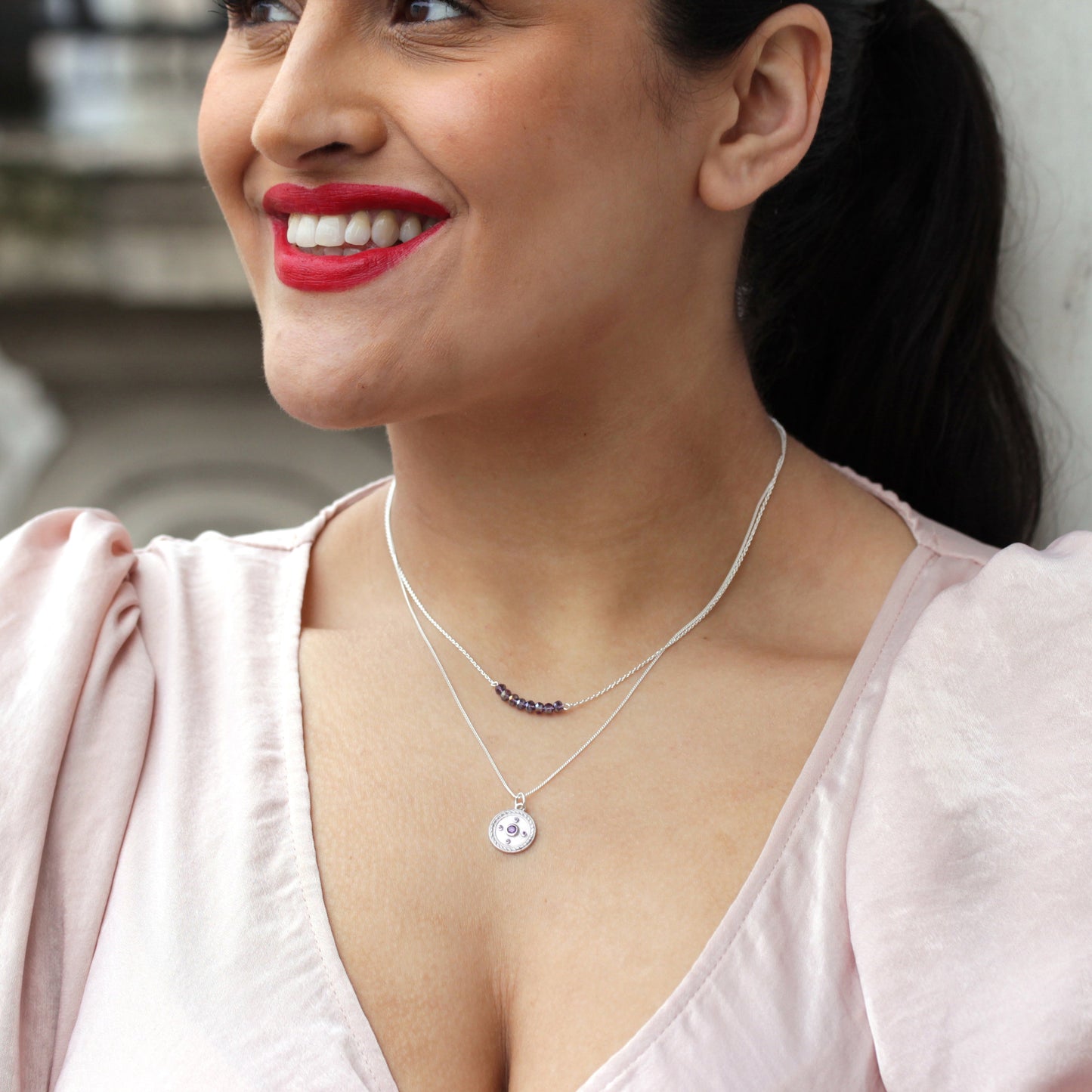 Sterling Silver Amethyst CZ Rope Medallion Necklace 14 - 32 Inches