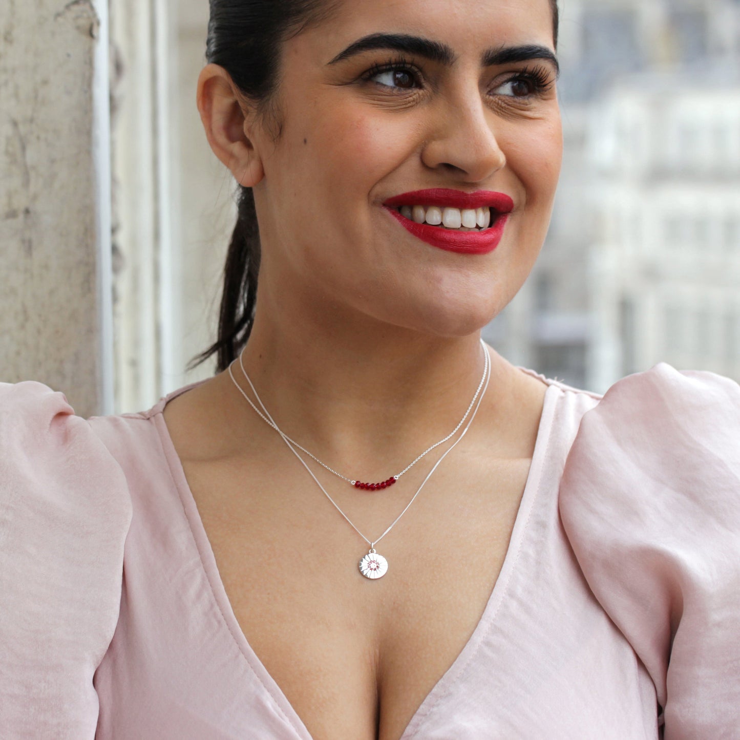 Sterling Silver Garnet CZ Sun Medallion Necklace 14 - 32 Inches