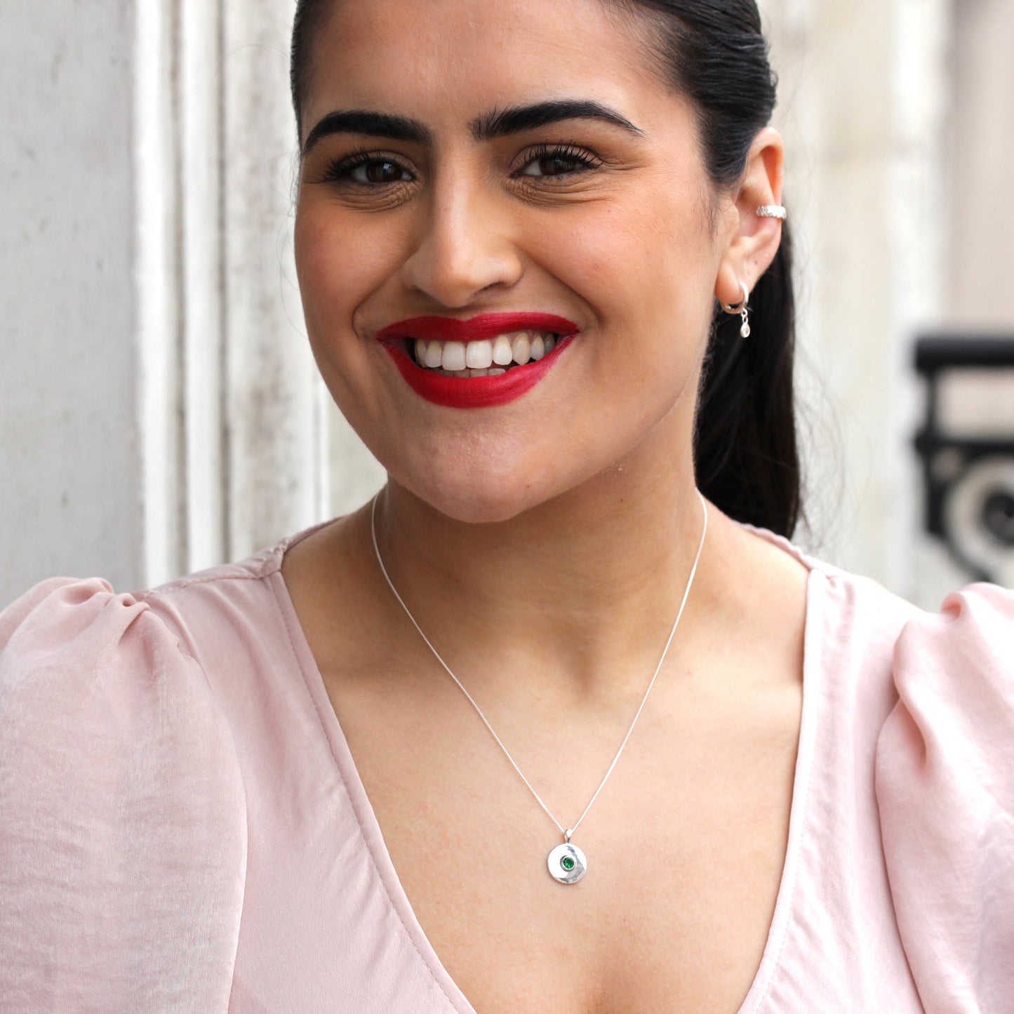 Sterling Silver Emerald CZ Plain Disc Medallion Necklace 14 - 32 Inches