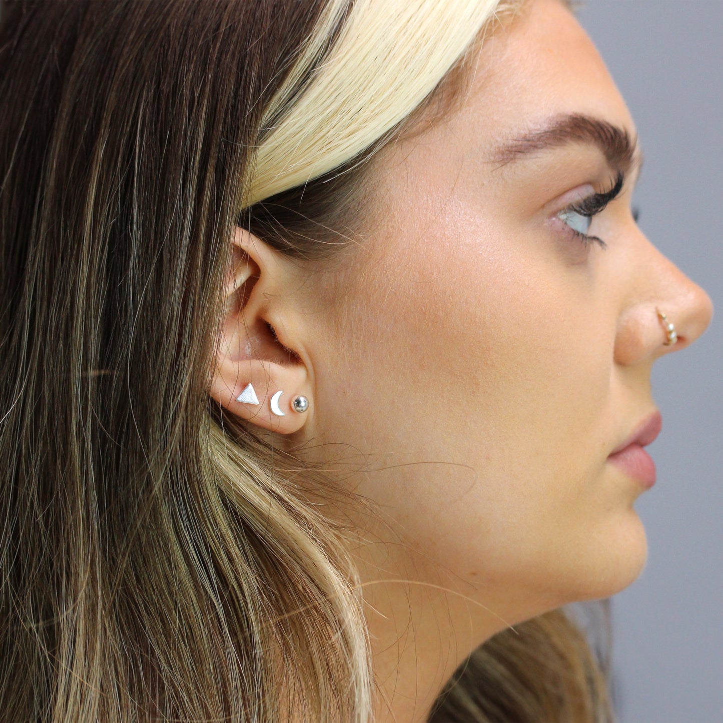 Sterling Silver Triangle Moon Ball Mixed Stud Earrings Set of 3