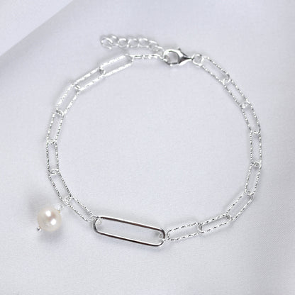 Sterling Silver Freshwater Pearl Bead Long Link Bracelet