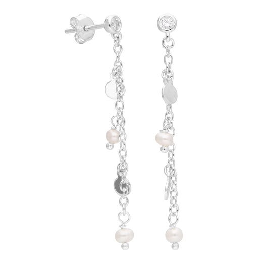 Sterling Silver Freshwater Pearl Drop Chain CZ Stud Earrings