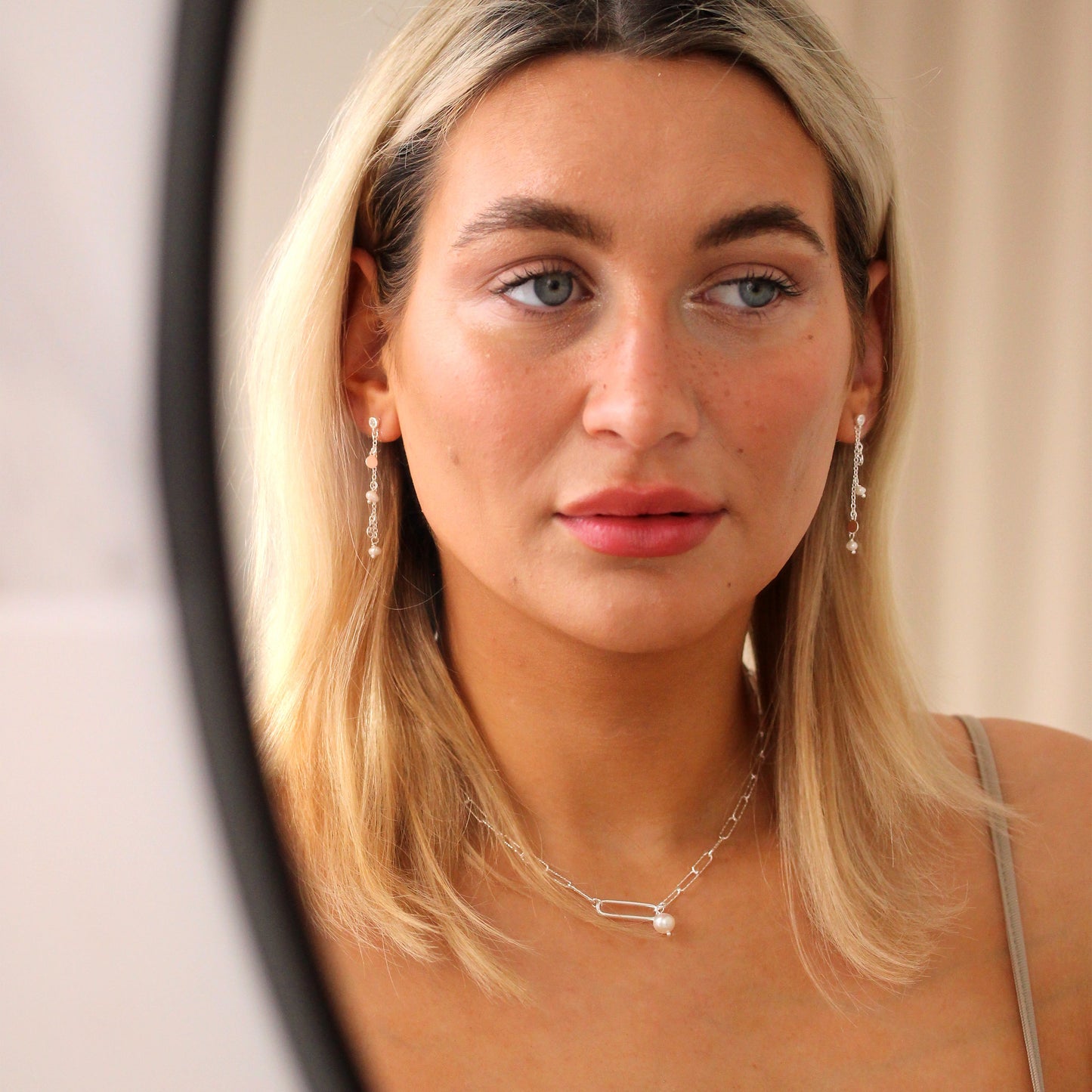 Sterling Silver Freshwater Pearl Drop Chain CZ Stud Earrings