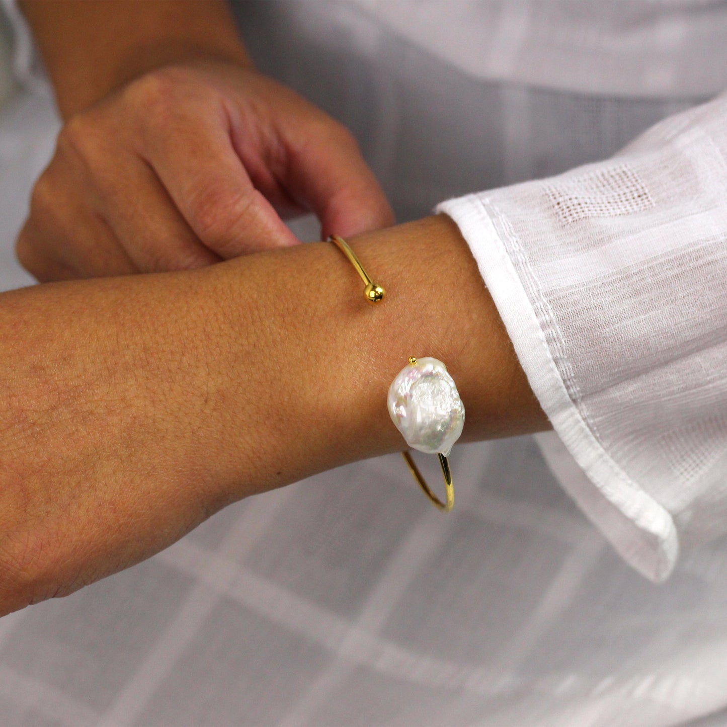 Gold Plated Sterling Silver Baroque Pearl Torque Cuff Bangle