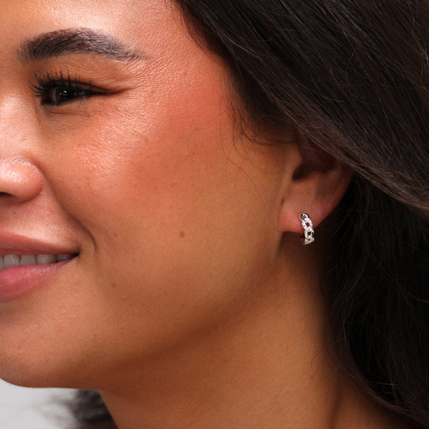 Sterling Silver Curb Chain Pave CZ Huggie Hoop Earrings