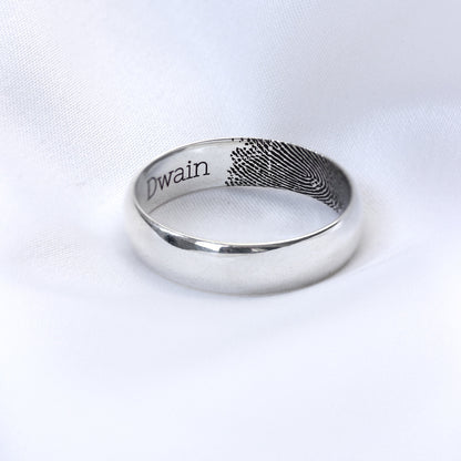 Bespoke Sterling Silver Fingerprint Name 5mm Wedding Ring Size I - Z+5