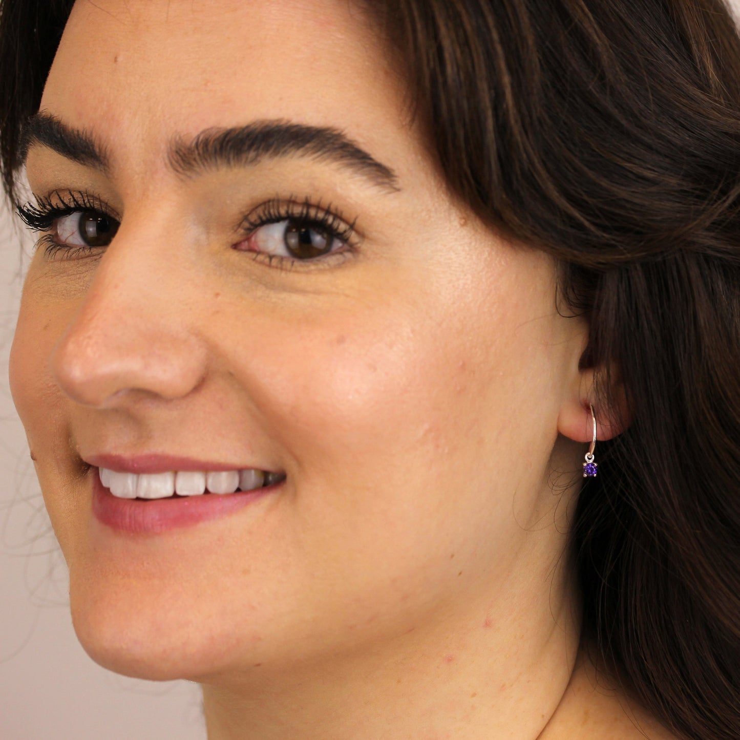 Sterling Silver Amethyst CZ February 12mm Charm Hoop Earrings